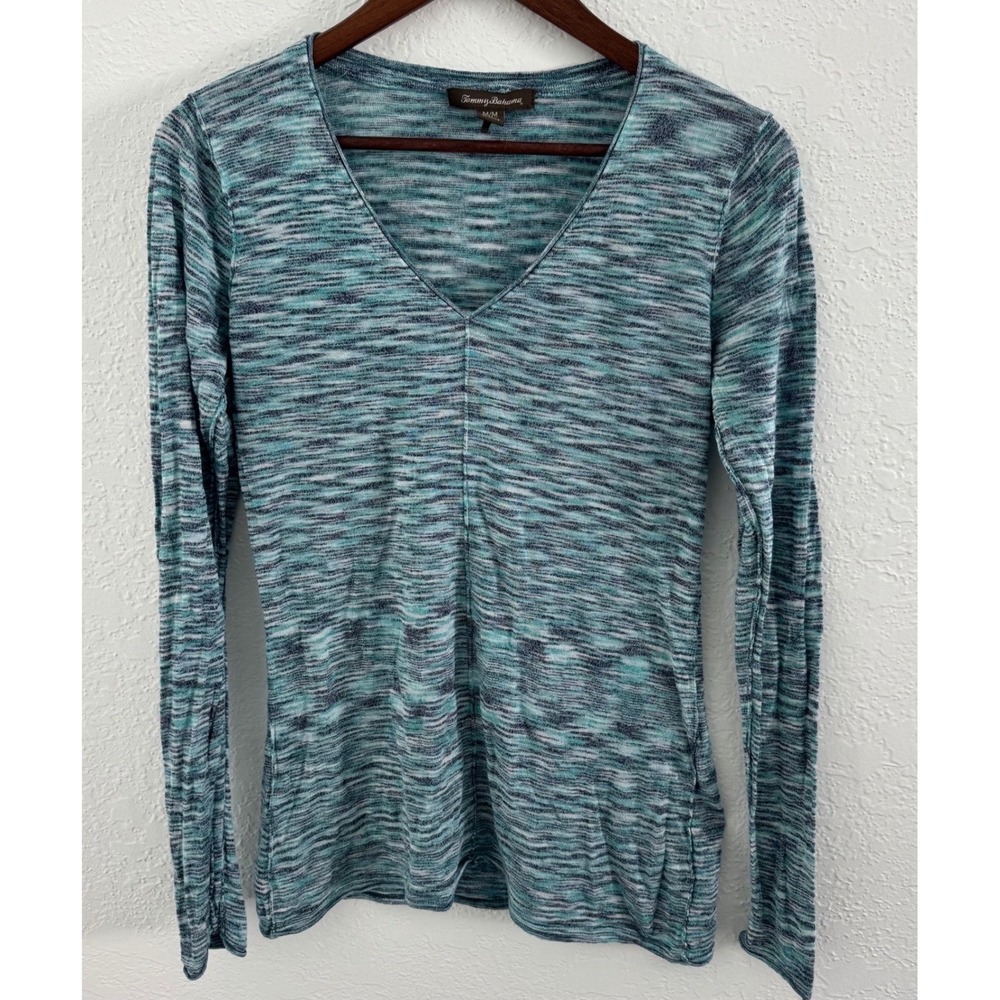 Tommy Bahama Linen Blend Long Sleeve Blue Blouse Top Women's MD Coastal Vacation